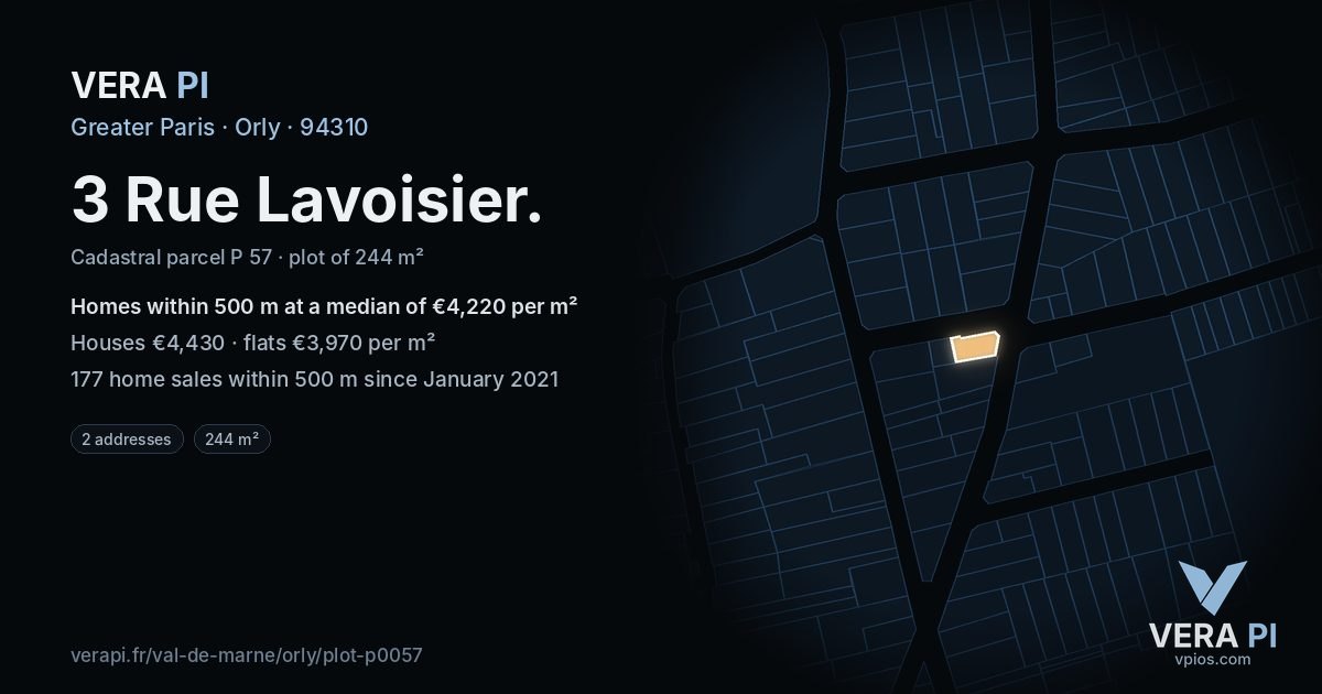 3 Rue Lavoisier, Orly at night – the plot lit, the parcels around coloured by the prices near them