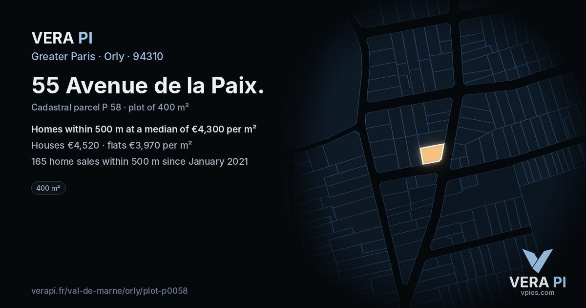 55 Avenue de la Paix, Orly at night – the plot lit, the parcels around coloured by the prices near them