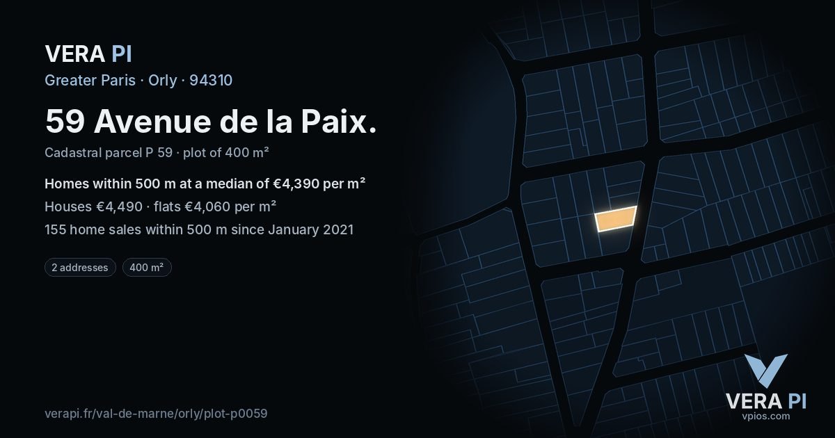 59 Avenue de la Paix, Orly at night – the plot lit, the parcels around coloured by the prices near them