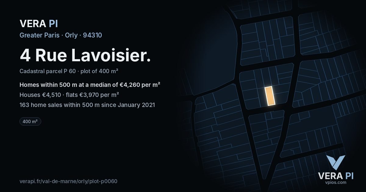 4 Rue Lavoisier, Orly at night – the plot lit, the parcels around coloured by the prices near them