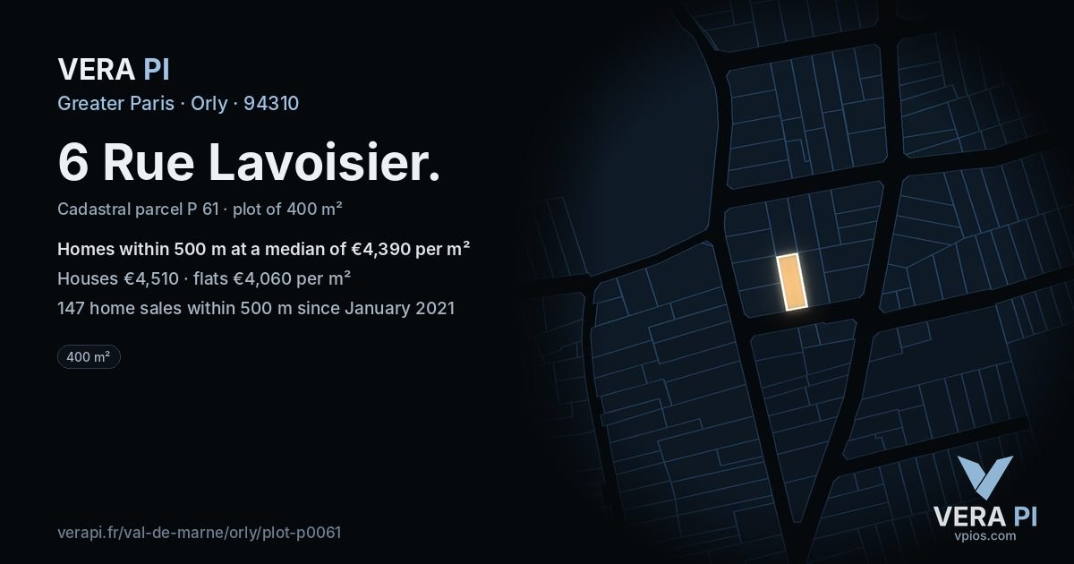 6 Rue Lavoisier, Orly at night – the plot lit, the parcels around coloured by the prices near them