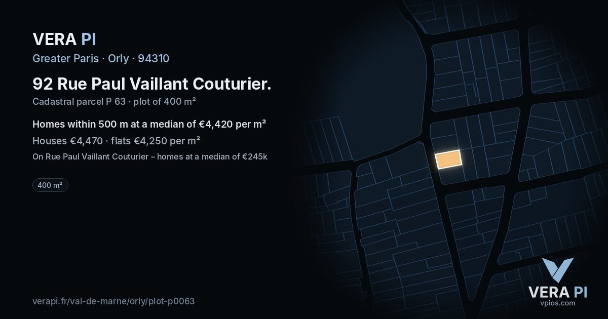 92 Rue Paul Vaillant Couturier, Orly at night – the plot lit, the parcels around coloured by the prices near them