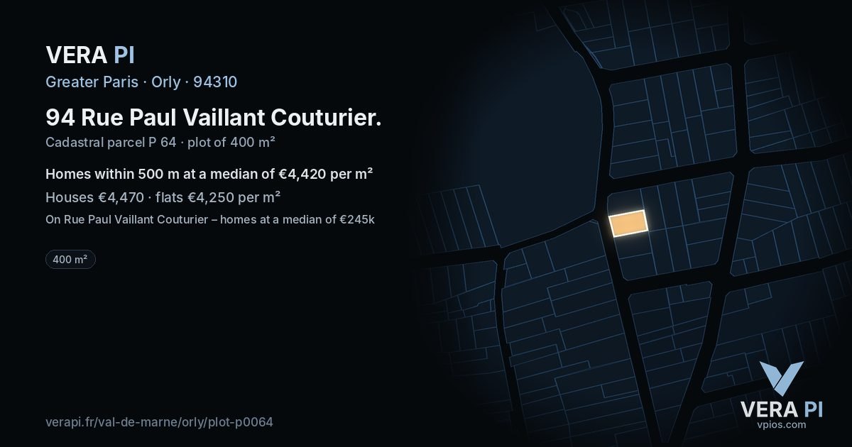 94 Rue Paul Vaillant Couturier, Orly at night – the plot lit, the parcels around coloured by the prices near them
