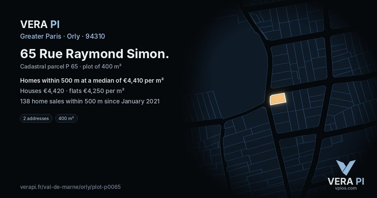 65 Rue Raymond Simon, Orly at night – the plot lit, the parcels around coloured by the prices near them
