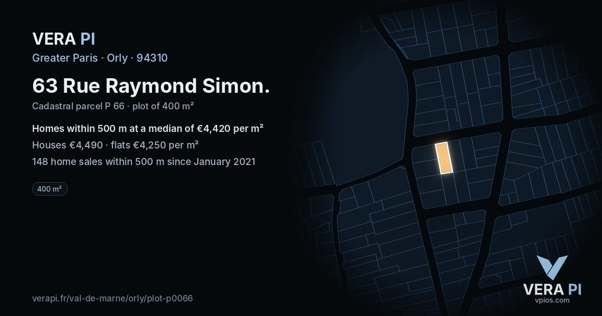 63 Rue Raymond Simon, Orly at night – the plot lit, the parcels around coloured by the prices near them