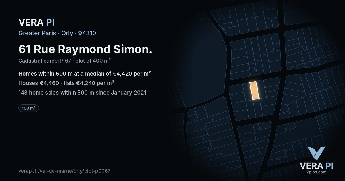 61 Rue Raymond Simon, Orly at night – the plot lit, the parcels around coloured by the prices near them