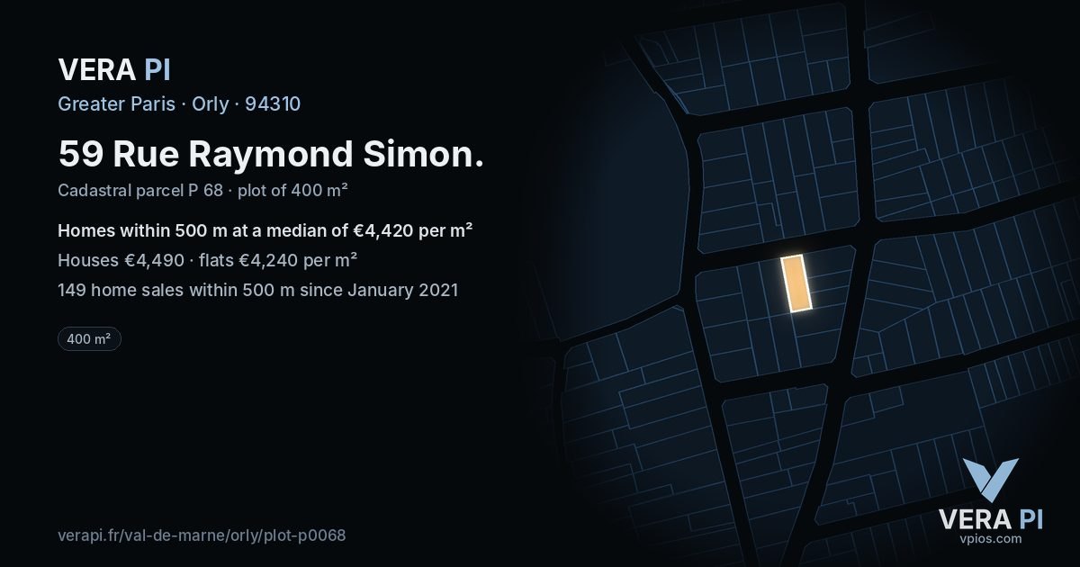 59 Rue Raymond Simon, Orly at night – the plot lit, the parcels around coloured by the prices near them