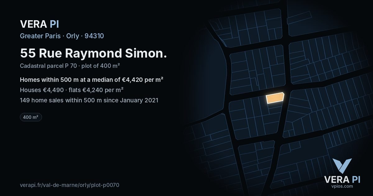 55 Rue Raymond Simon, Orly at night – the plot lit, the parcels around coloured by the prices near them