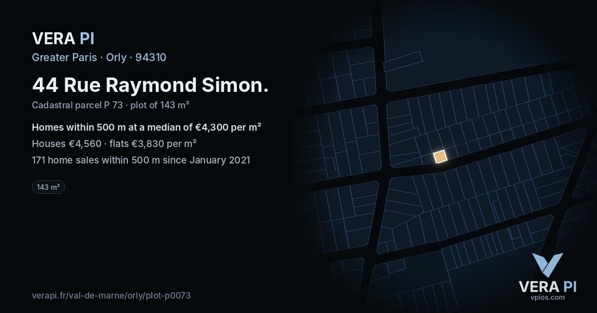 44 Rue Raymond Simon, Orly at night – the plot lit, the parcels around coloured by the prices near them