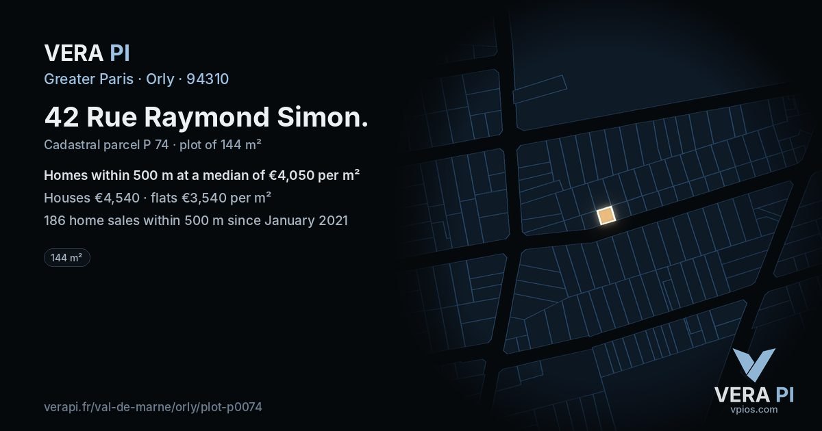 42 Rue Raymond Simon, Orly at night – the plot lit, the parcels around coloured by the prices near them