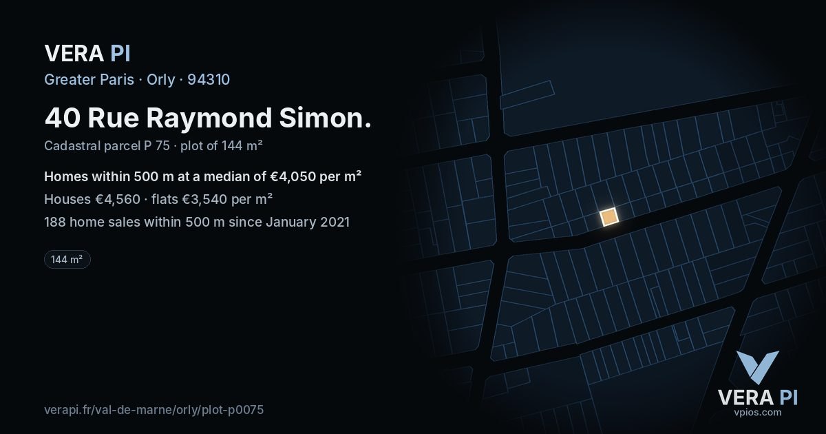 40 Rue Raymond Simon, Orly at night – the plot lit, the parcels around coloured by the prices near them