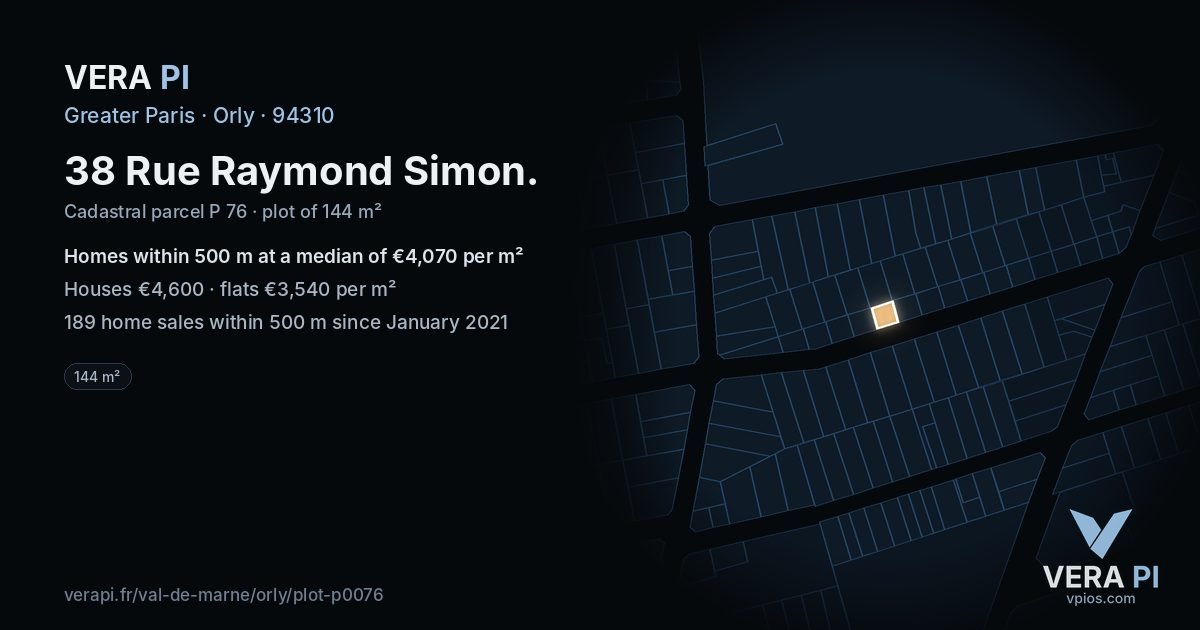 38 Rue Raymond Simon, Orly at night – the plot lit, the parcels around coloured by the prices near them