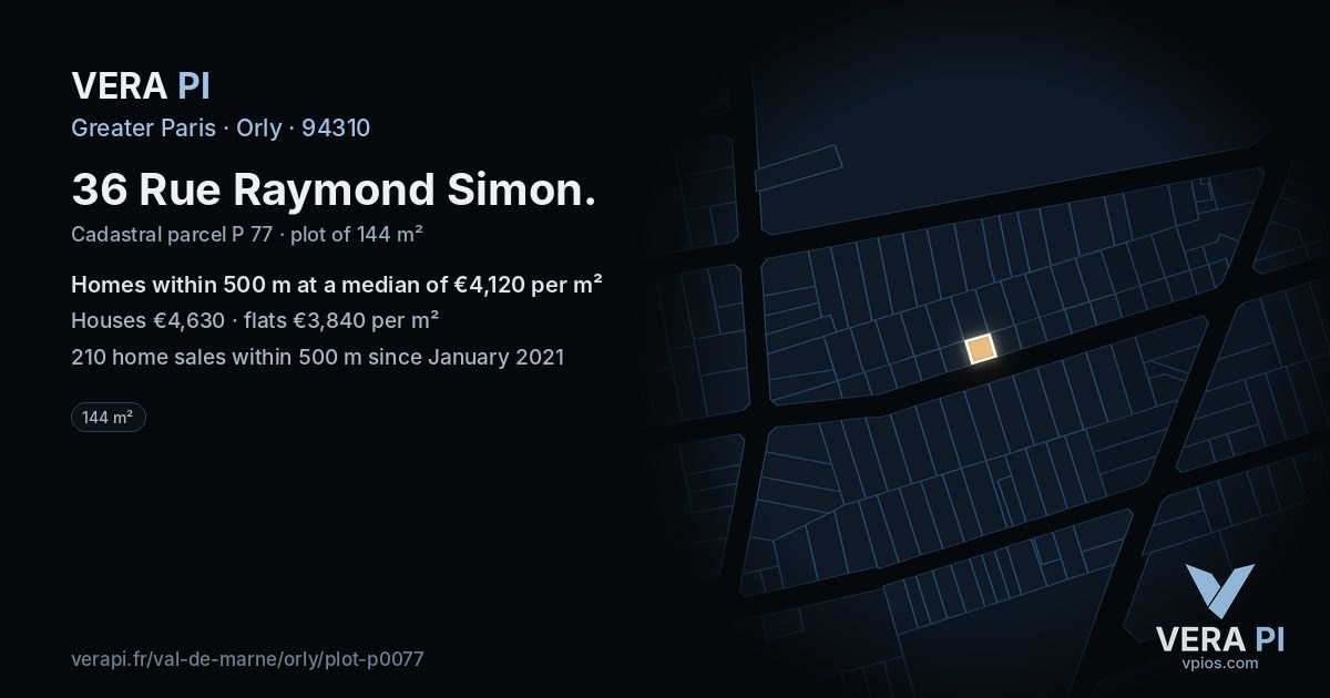 36 Rue Raymond Simon, Orly at night – the plot lit, the parcels around coloured by the prices near them