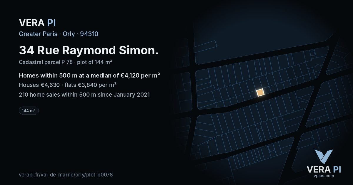 34 Rue Raymond Simon, Orly at night – the plot lit, the parcels around coloured by the prices near them
