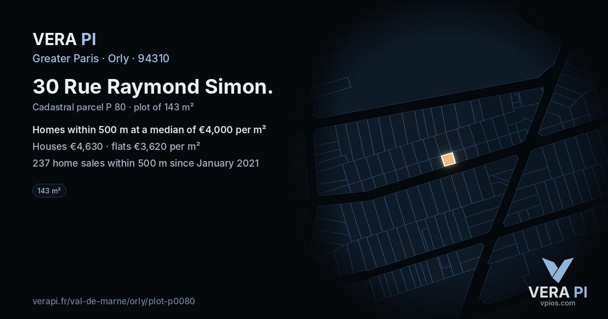 30 Rue Raymond Simon, Orly at night – the plot lit, the parcels around coloured by the prices near them