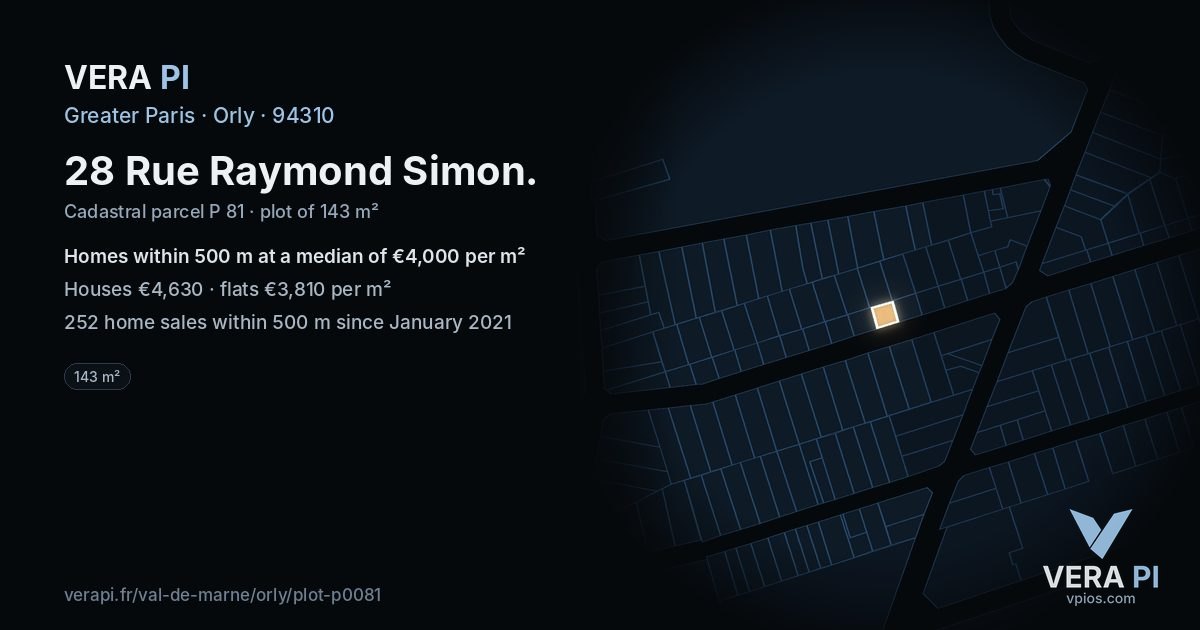 28 Rue Raymond Simon, Orly at night – the plot lit, the parcels around coloured by the prices near them