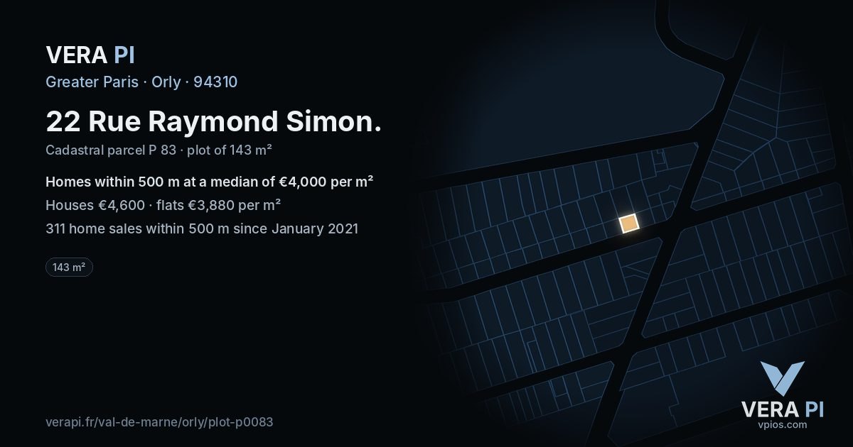 22 Rue Raymond Simon, Orly at night – the plot lit, the parcels around coloured by the prices near them