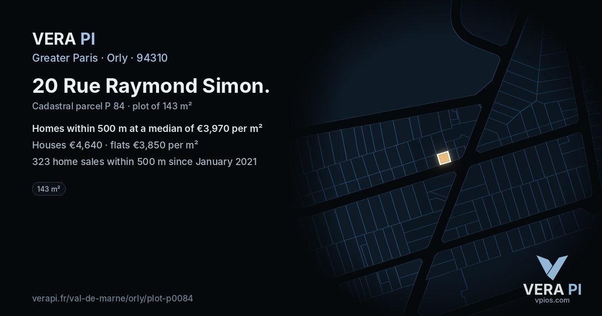 20 Rue Raymond Simon, Orly at night – the plot lit, the parcels around coloured by the prices near them