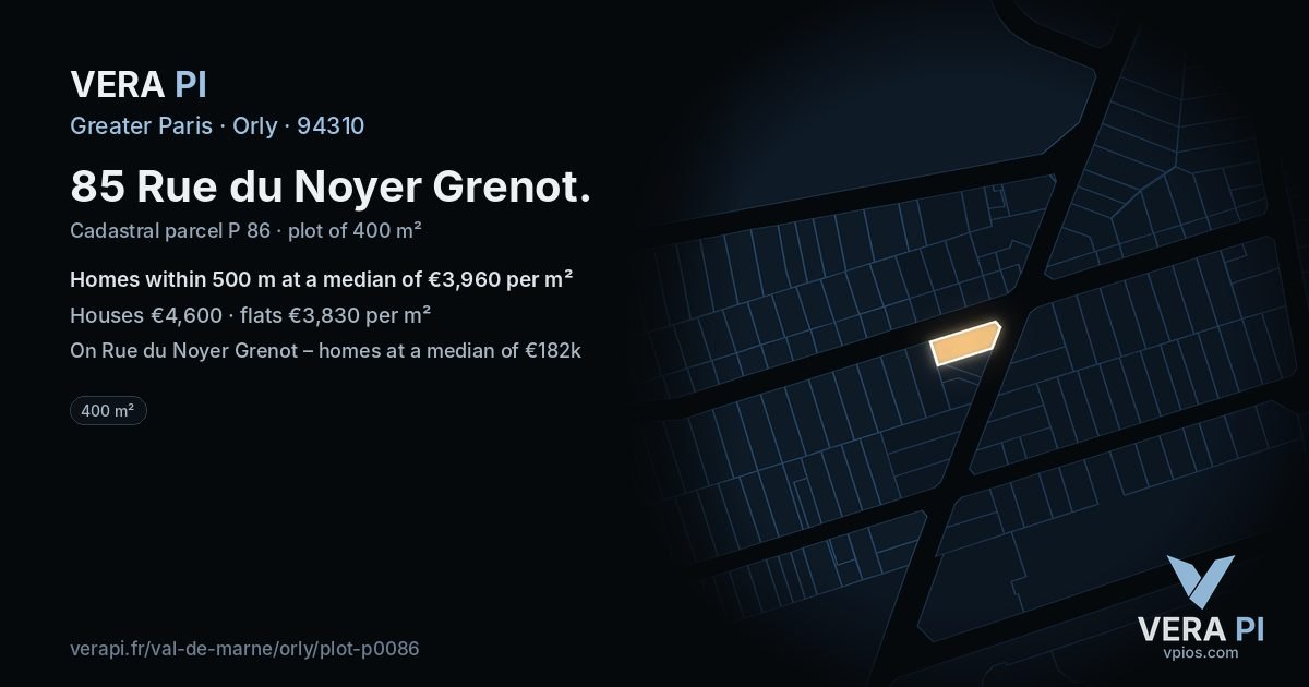 85 Rue du Noyer Grenot, Orly at night – the plot lit, the parcels around coloured by the prices near them