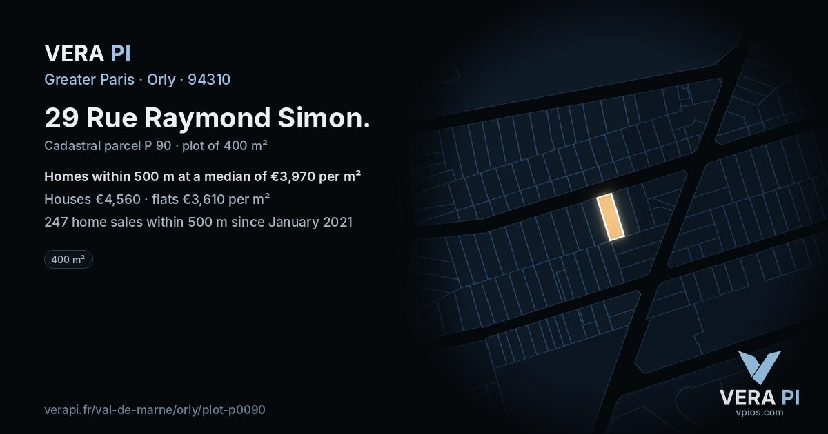 29 Rue Raymond Simon, Orly at night – the plot lit, the parcels around coloured by the prices near them
