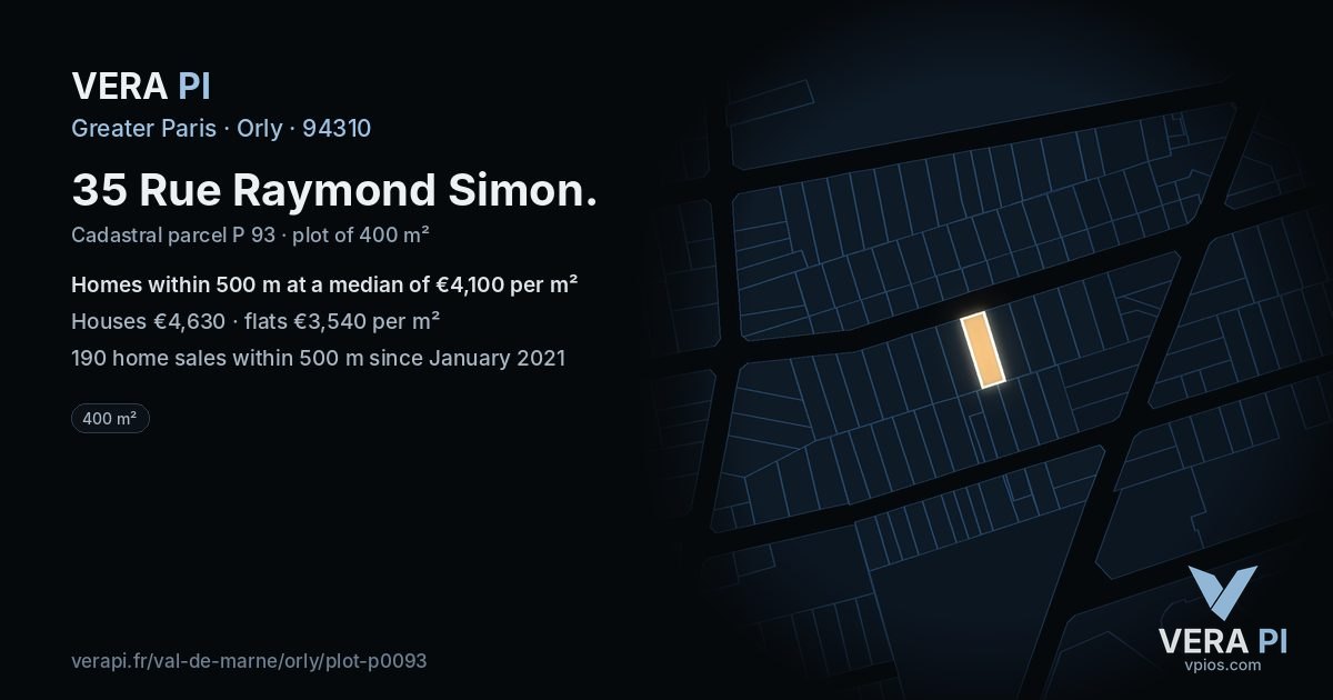 35 Rue Raymond Simon, Orly at night – the plot lit, the parcels around coloured by the prices near them