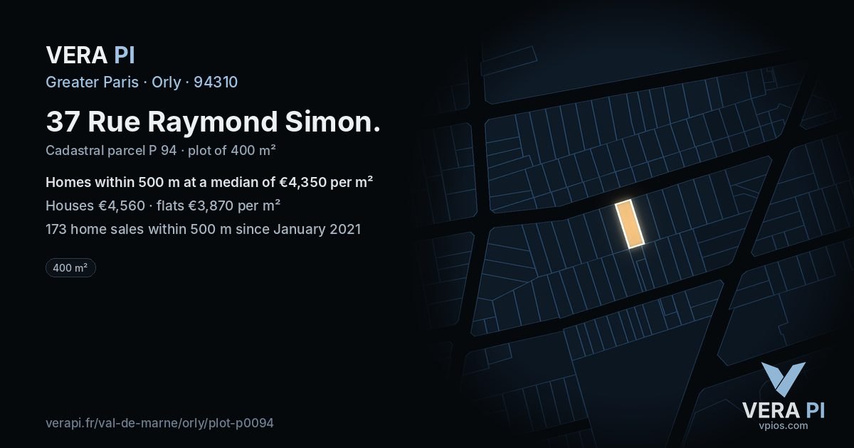 37 Rue Raymond Simon, Orly at night – the plot lit, the parcels around coloured by the prices near them