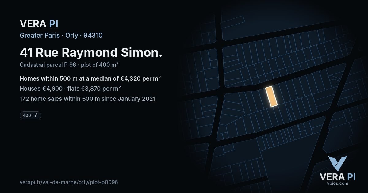 41 Rue Raymond Simon, Orly at night – the plot lit, the parcels around coloured by the prices near them