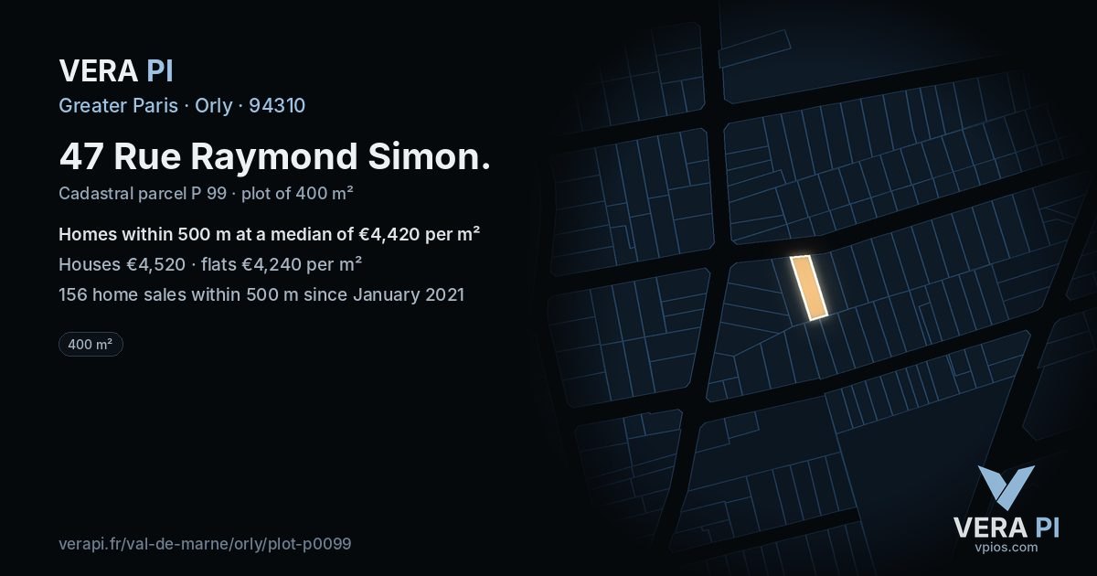 47 Rue Raymond Simon, Orly at night – the plot lit, the parcels around coloured by the prices near them