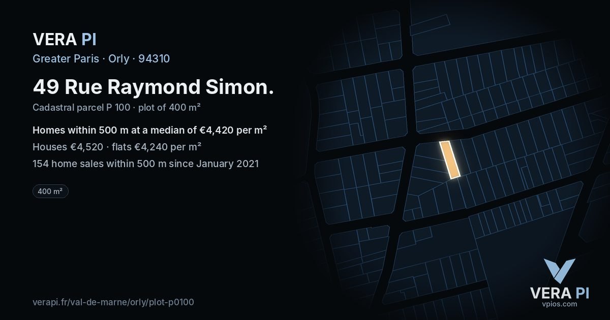49 Rue Raymond Simon, Orly at night – the plot lit, the parcels around coloured by the prices near them
