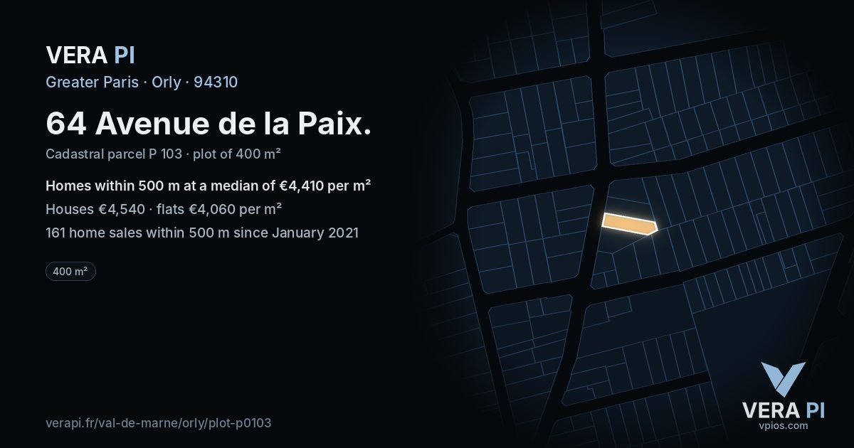 64 Avenue de la Paix, Orly at night – the plot lit, the parcels around coloured by the prices near them
