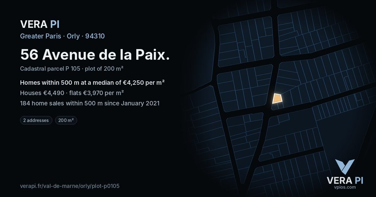56 Avenue de la Paix, Orly at night – the plot lit, the parcels around coloured by the prices near them