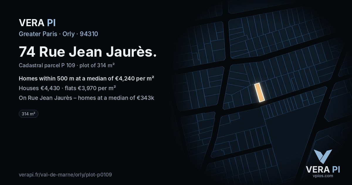 74 Rue Jean Jaurès, Orly at night – the plot lit, the parcels around coloured by the prices near them