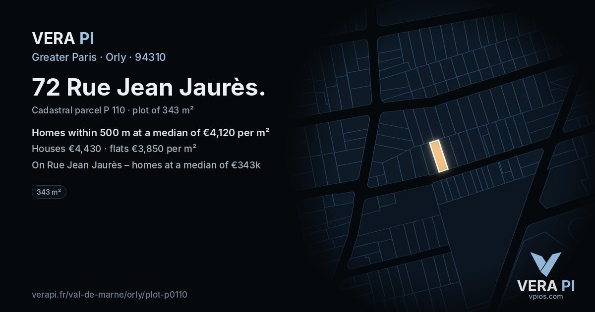72 Rue Jean Jaurès, Orly at night – the plot lit, the parcels around coloured by the prices near them