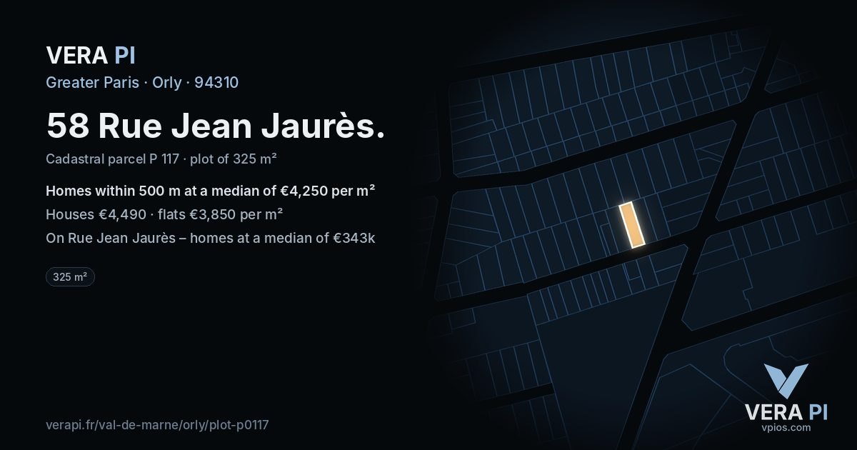 58 Rue Jean Jaurès, Orly at night – the plot lit, the parcels around coloured by the prices near them