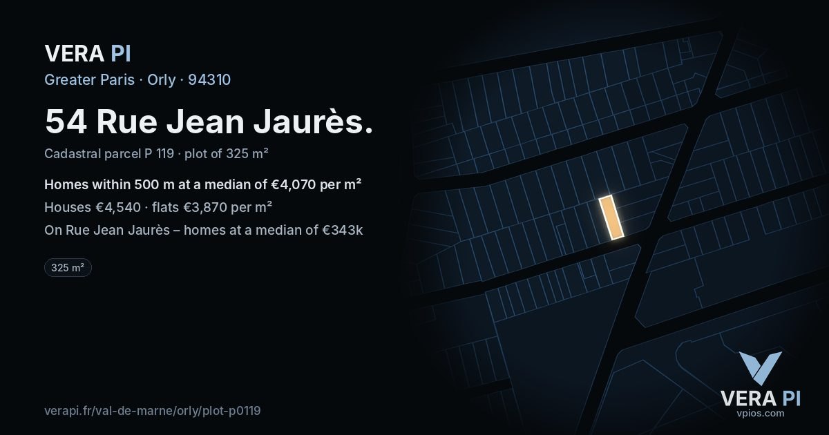 54 Rue Jean Jaurès, Orly at night – the plot lit, the parcels around coloured by the prices near them