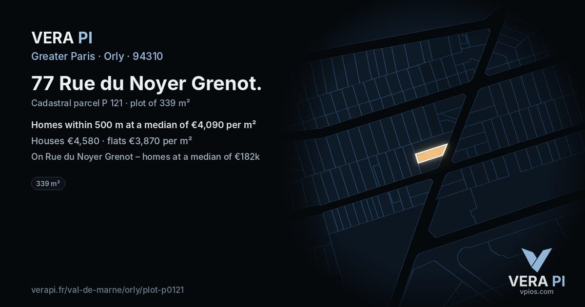 77 Rue du Noyer Grenot, Orly at night – the plot lit, the parcels around coloured by the prices near them
