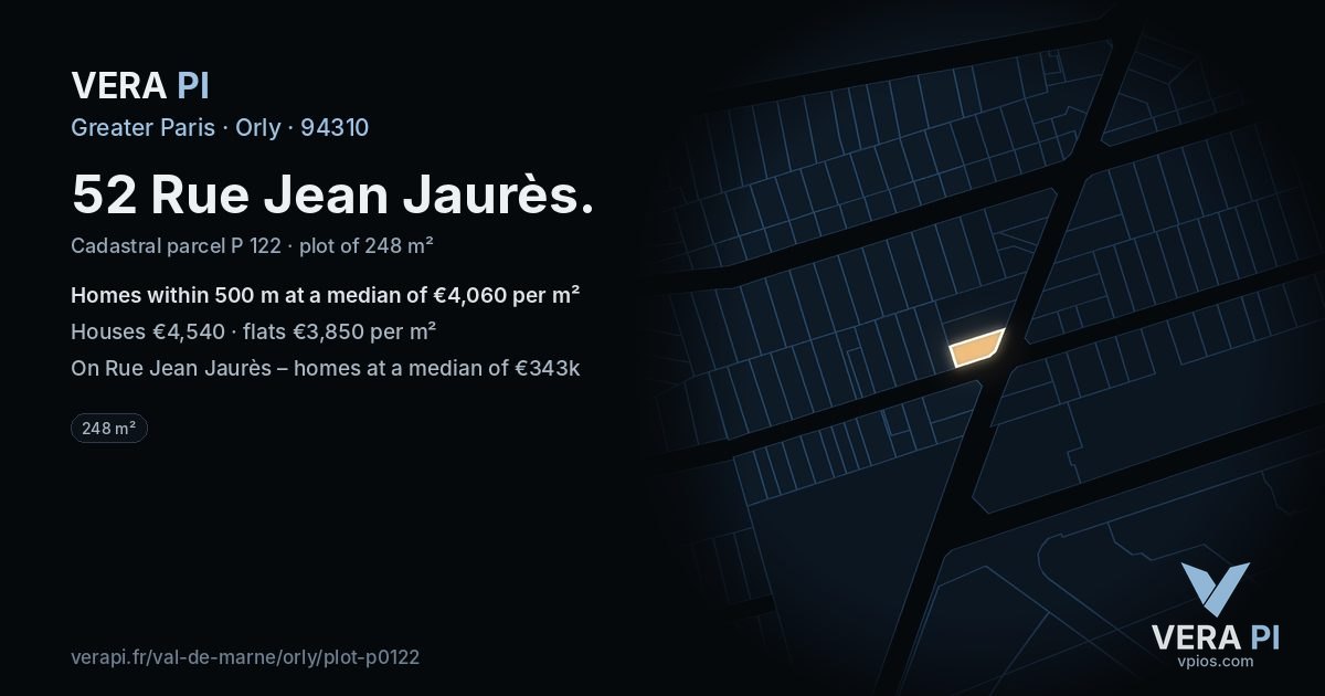 52 Rue Jean Jaurès, Orly at night – the plot lit, the parcels around coloured by the prices near them