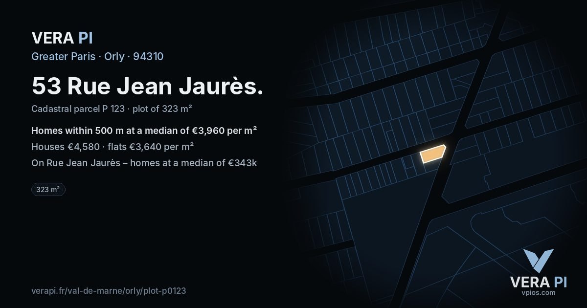 53 Rue Jean Jaurès, Orly at night – the plot lit, the parcels around coloured by the prices near them