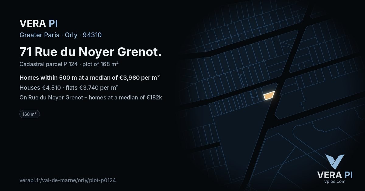 71 Rue du Noyer Grenot, Orly at night – the plot lit, the parcels around coloured by the prices near them