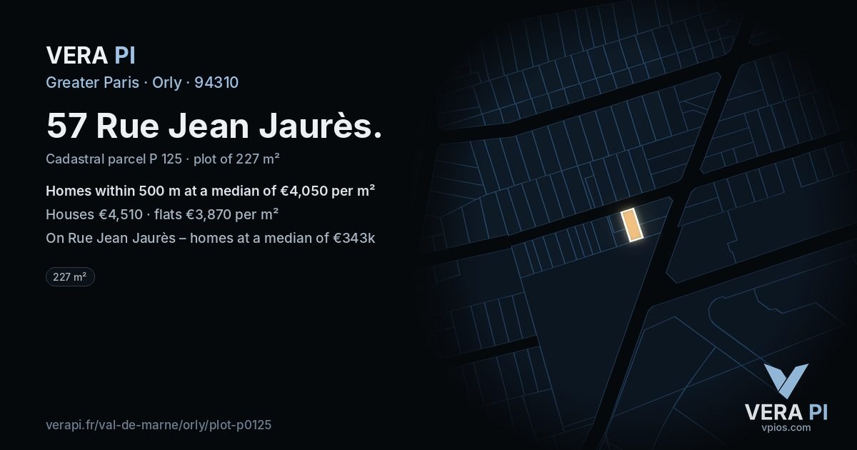 57 Rue Jean Jaurès, Orly at night – the plot lit, the parcels around coloured by the prices near them