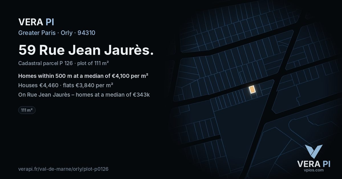 59 Rue Jean Jaurès, Orly at night – the plot lit, the parcels around coloured by the prices near them
