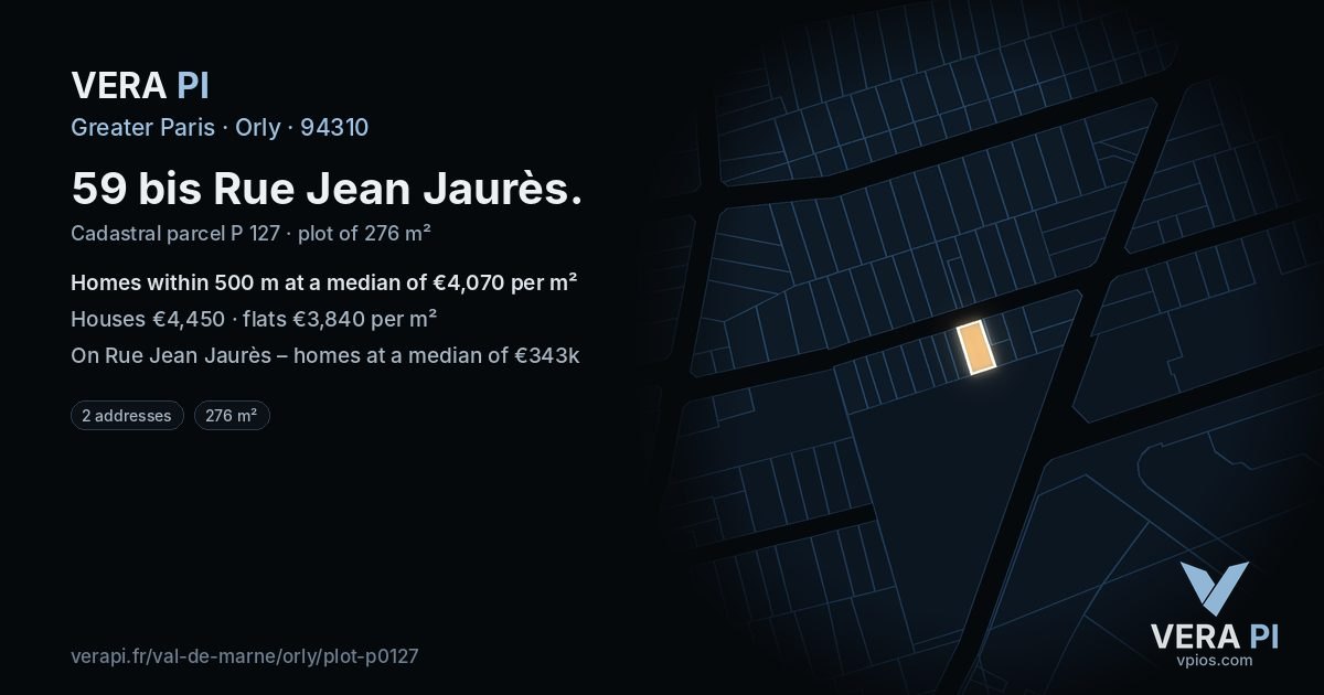 59 bis Rue Jean Jaurès, Orly at night – the plot lit, the parcels around coloured by the prices near them