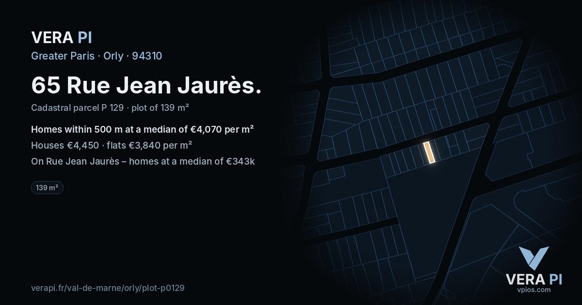 65 Rue Jean Jaurès, Orly at night – the plot lit, the parcels around coloured by the prices near them