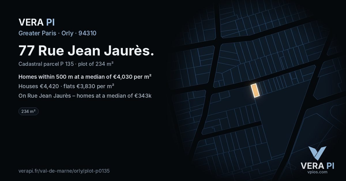 77 Rue Jean Jaurès, Orly at night – the plot lit, the parcels around coloured by the prices near them
