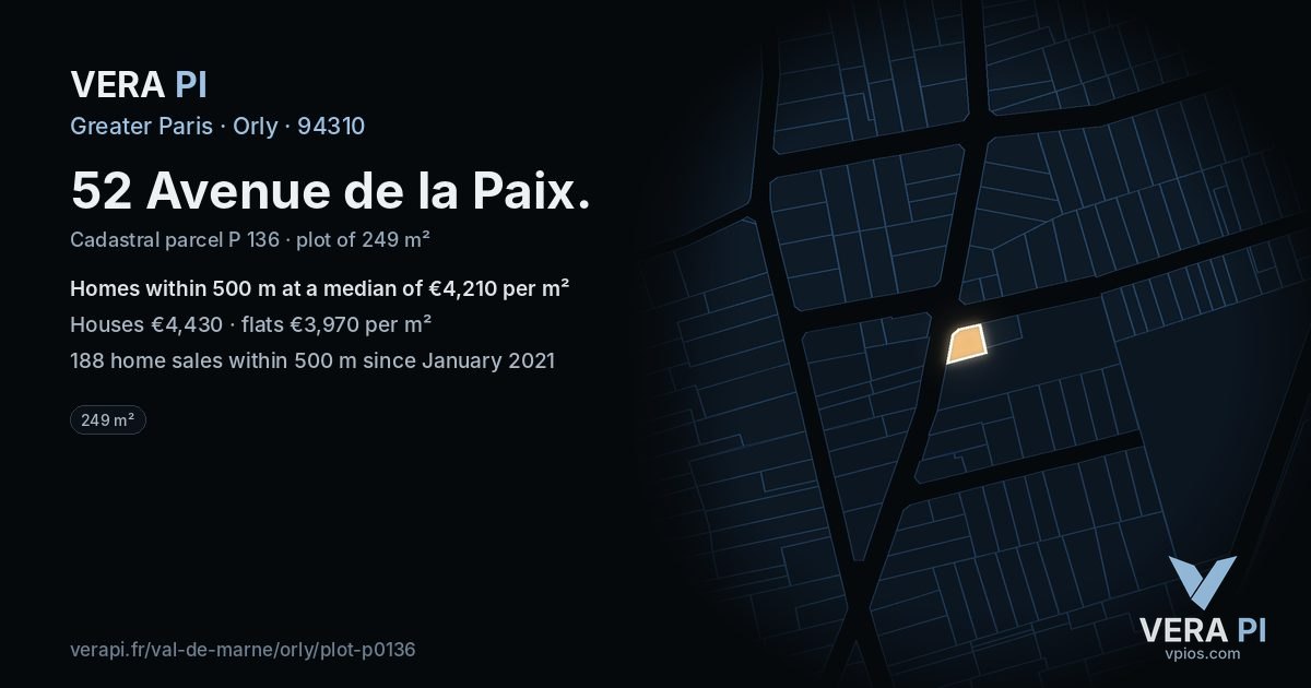 52 Avenue de la Paix, Orly at night – the plot lit, the parcels around coloured by the prices near them