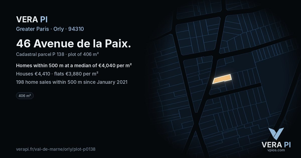 46 Avenue de la Paix, Orly at night – the plot lit, the parcels around coloured by the prices near them