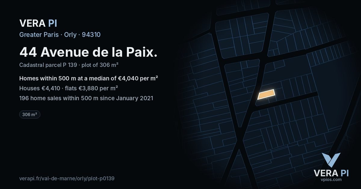 44 Avenue de la Paix, Orly at night – the plot lit, the parcels around coloured by the prices near them