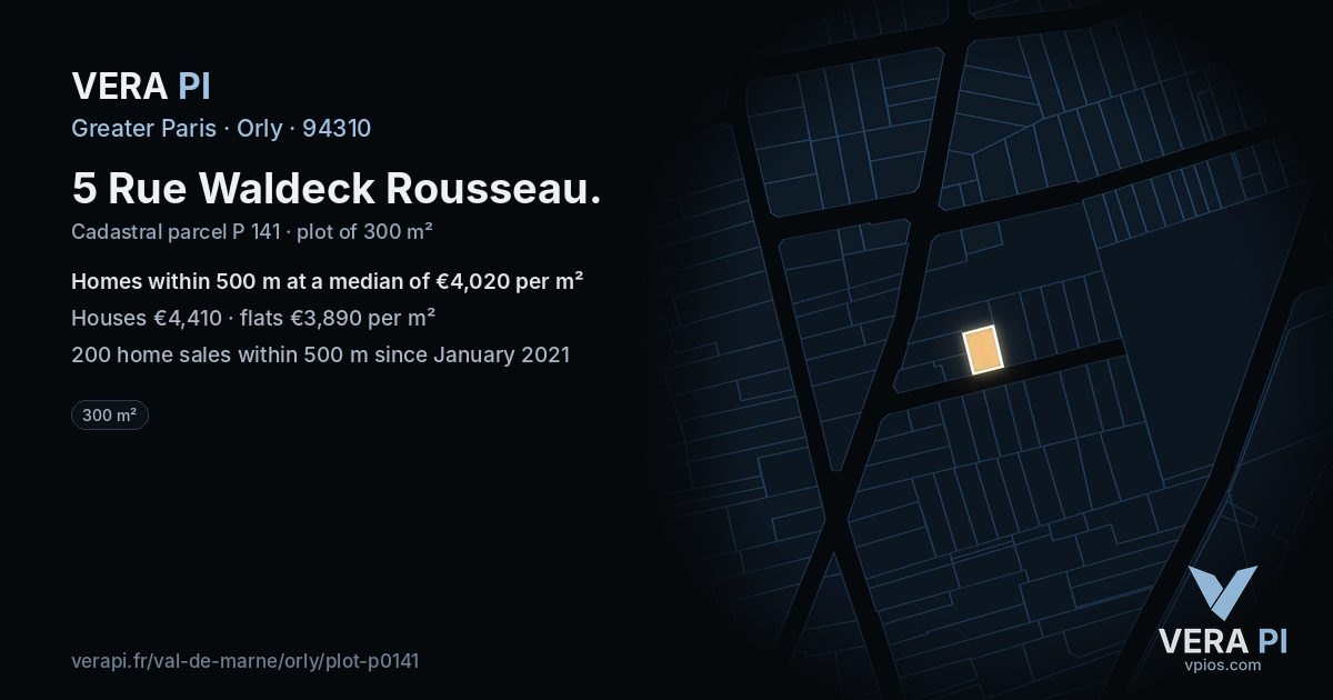 5 Rue Waldeck Rousseau, Orly at night – the plot lit, the parcels around coloured by the prices near them