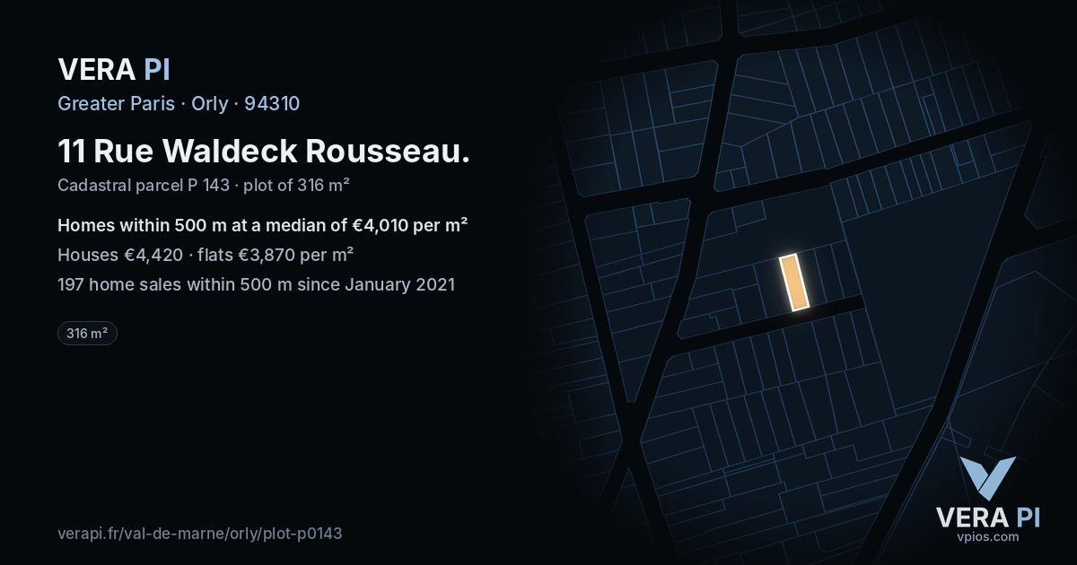 11 Rue Waldeck Rousseau, Orly at night – the plot lit, the parcels around coloured by the prices near them