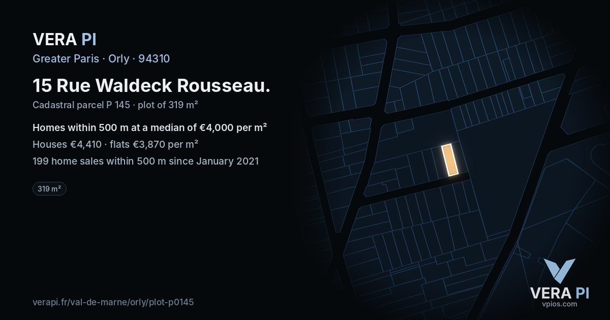 15 Rue Waldeck Rousseau, Orly at night – the plot lit, the parcels around coloured by the prices near them